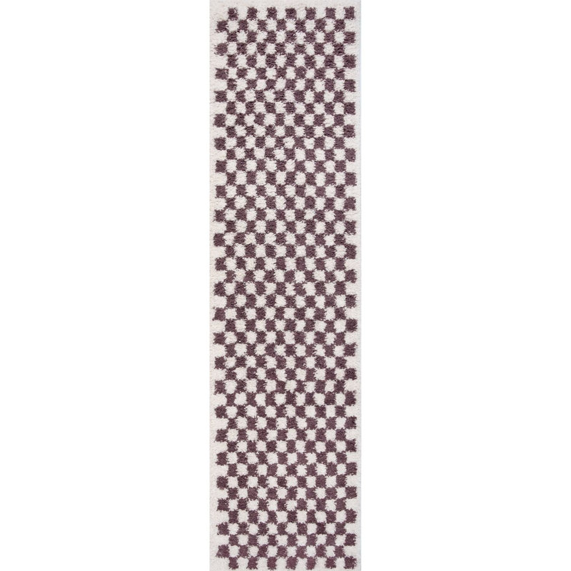 Moodi Modern Shaggy Area Rug Checkered Design, Runner 80 x 300 cm, Off-White/Purple