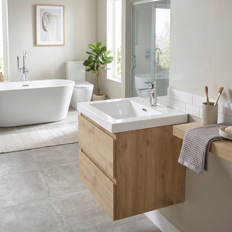 Meuble-lavabo mural en mélamine de 61 cm (24 po), aspect bois naturel, résistant à l'usure et aux égratignures, surface non poreuse et facile à nettoyer.