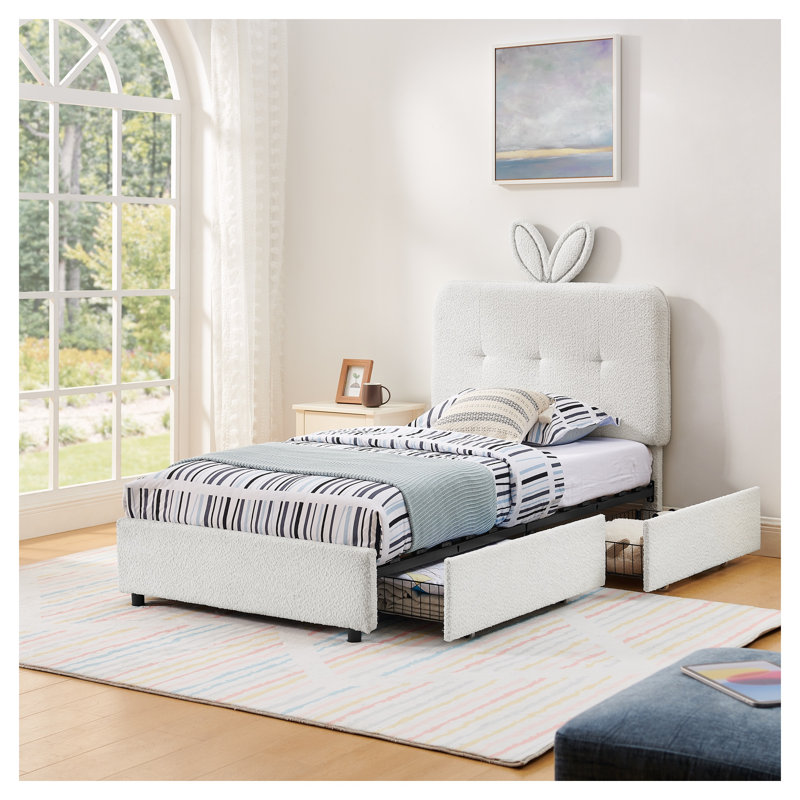 Lit simple tapissier pour enfants avec tête de lit surdimensionnée pour oreilles de lapin, lumière DEL et 4 tiroirs de rangement en tissu bouclé beige