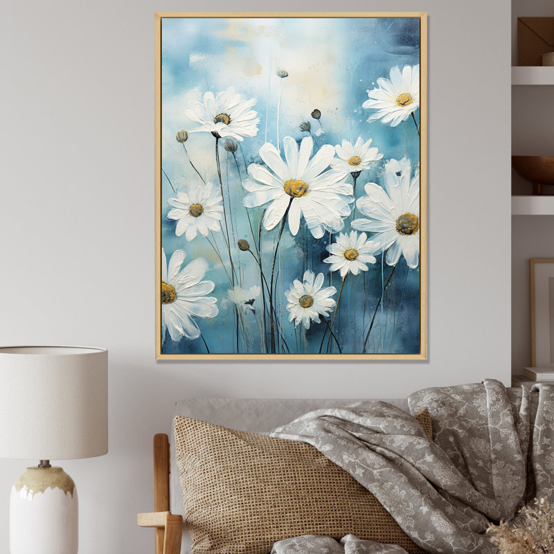 «White Daisy Meadow Elegance II», reproduction sur toile encadrée, H 32 po x l 16 po x P 1 po, Cadre naturel flottant