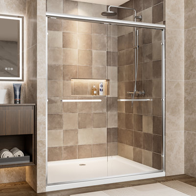 Porte de douche coulissante double en aluminium chromé de 56 à 60 po x H 72 po, verre trempé transparent de 1/4 po (6 mm) avec film antidéflagrant, poignées doubles en acier inoxydable