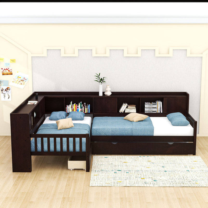 Lit plateforme en bois avec lit gigogne, tablettes et 1 tiroir, Espresso