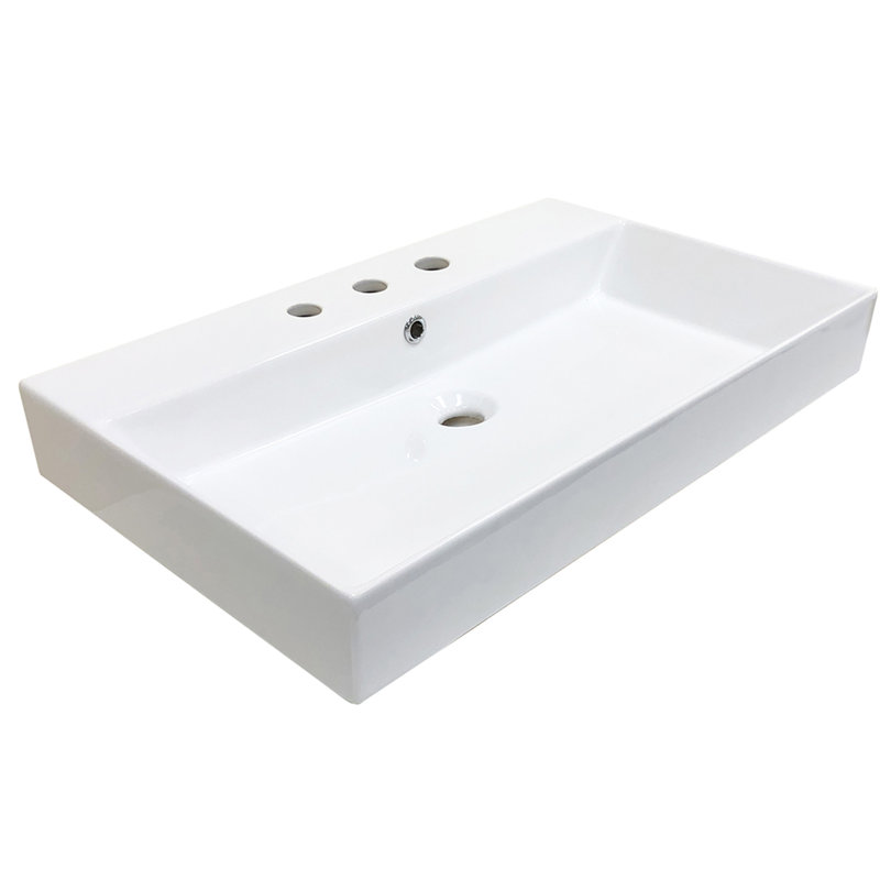 WS Bath Collections 17.7'' Ceramic Rectangular Bathroom Sink with Overflow, 8" Widespread, Glossy White