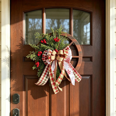 Christmas Wooden Wagon Wheel Wreath 17.7" Farmhouse Holiday Wreath with Pine Red Berries Plaid Burlap Bow for Front Door Wall Home Decor