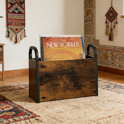 Magazine Holder And Organizer With Rustic Wood And Metal Frame For Books, Newspapers, Tablets | Sturdy Floor Storage Basket With Handles And Anti-Slip Pads
