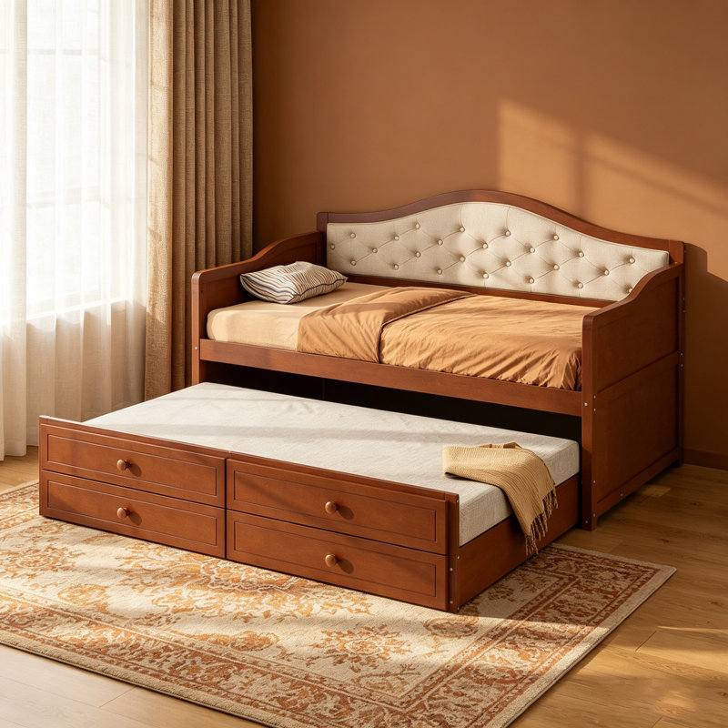 Twin Daybed With Trundle And 2 Storage Drawers, Upholstered Button Tufted Backrest For Living Room, Bedroom, Guest Room, Walnut Finish