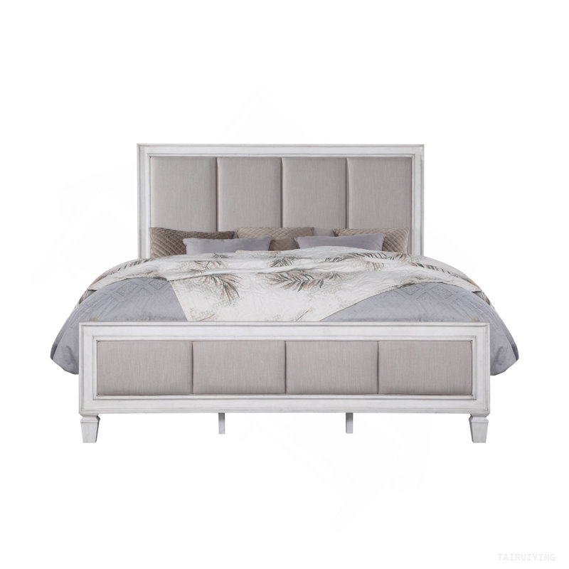 Grand lit Katia en lin gris clair, gris rustique et blanc vieilli, Grand lit