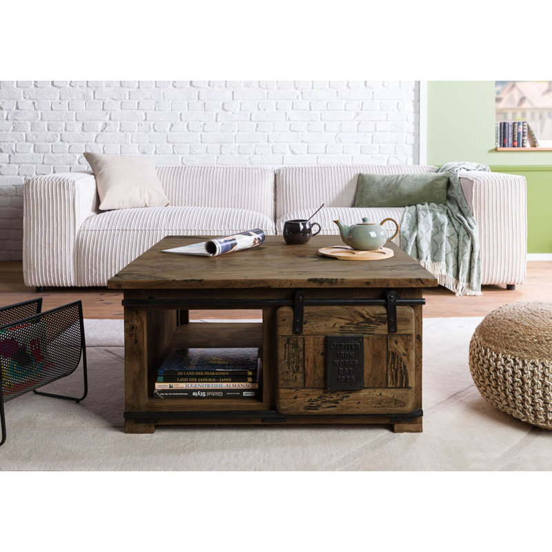 Solid Wood Four Leg Coffee Table with Storage, Brown lacquered
