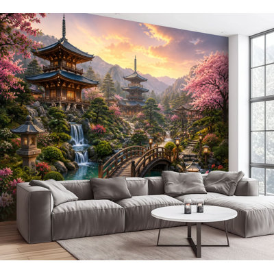 Wall Mural Peel and Stick Wallpaper Japanese Zen Garden Cherry Blossoms Pagodas Stone Bridge Sunset Self-Adhesive Removable Contact Paper Wall Decor for Living Room Bedroom 100"H x 144"W