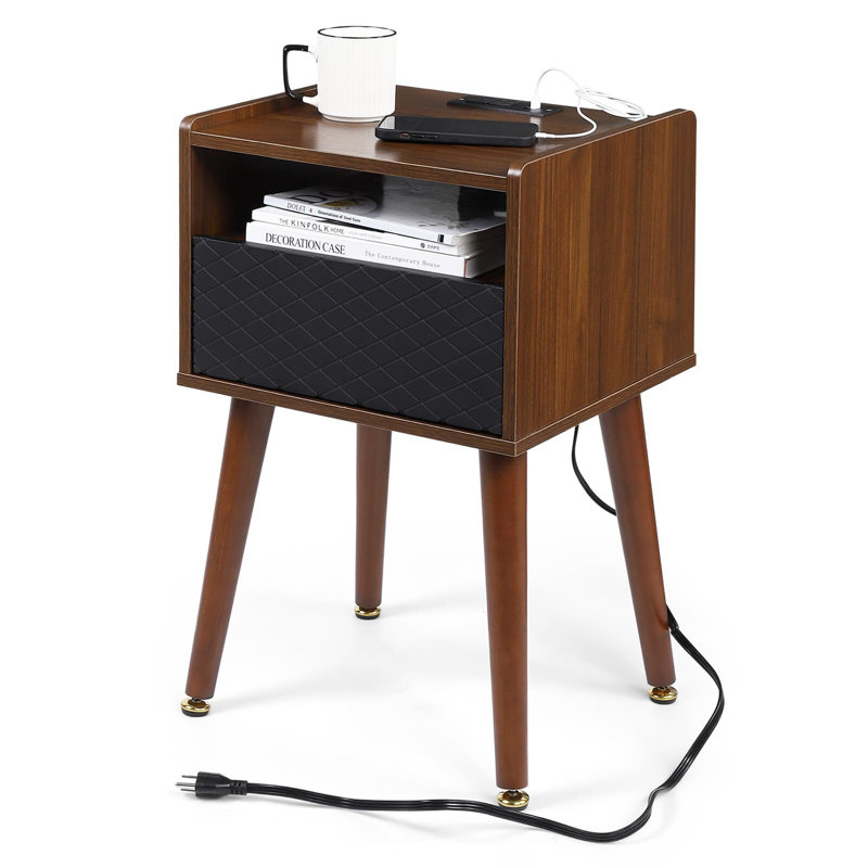 Table de chevet Mid Century, table de bout moderne avec station de charge et rangement