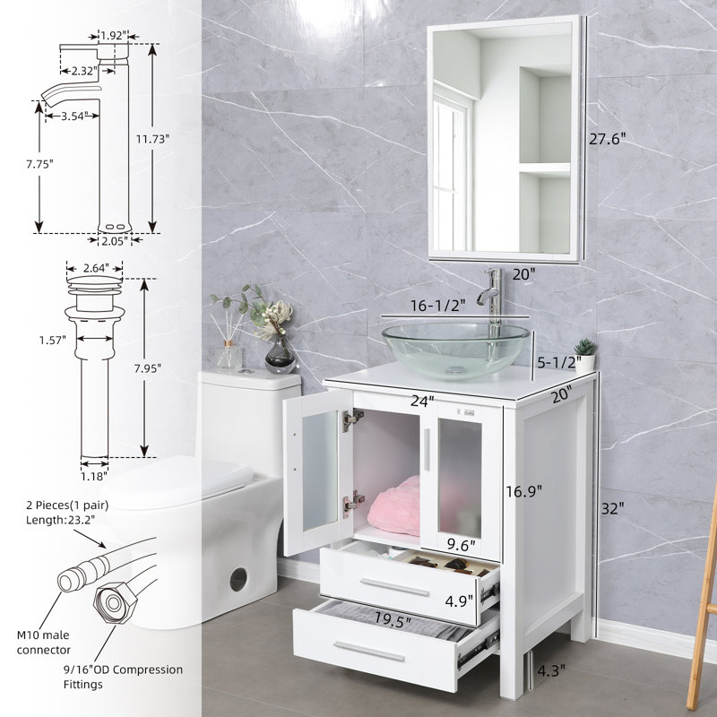  Ensemble de meuble-lavabo simple 24 po avec plateau en bois manufacturé, lavabo vasque en verre, robinet, drain, Blanc