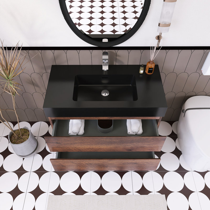 Sibin 35.8'' Single Bathroom Vanity with Solid Surface Top, Walnut, Matte Black