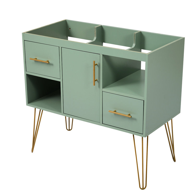 Meuble-lavabo moderne 36 po avec 2 tiroirs et compartiments, structure en bois massif avec pieds en métal 36 po