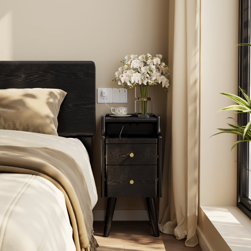 Narrow Solid Wood Nightstand with 2 Drawers, Black, 19.68"H X 11.81"W X 15.74"D