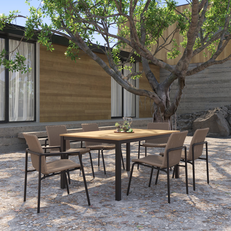 Travira 7-Piece 63" Rectangular Dining Table and Orso Armchairs, Side Chairs Set, Carbon_Black/Brown