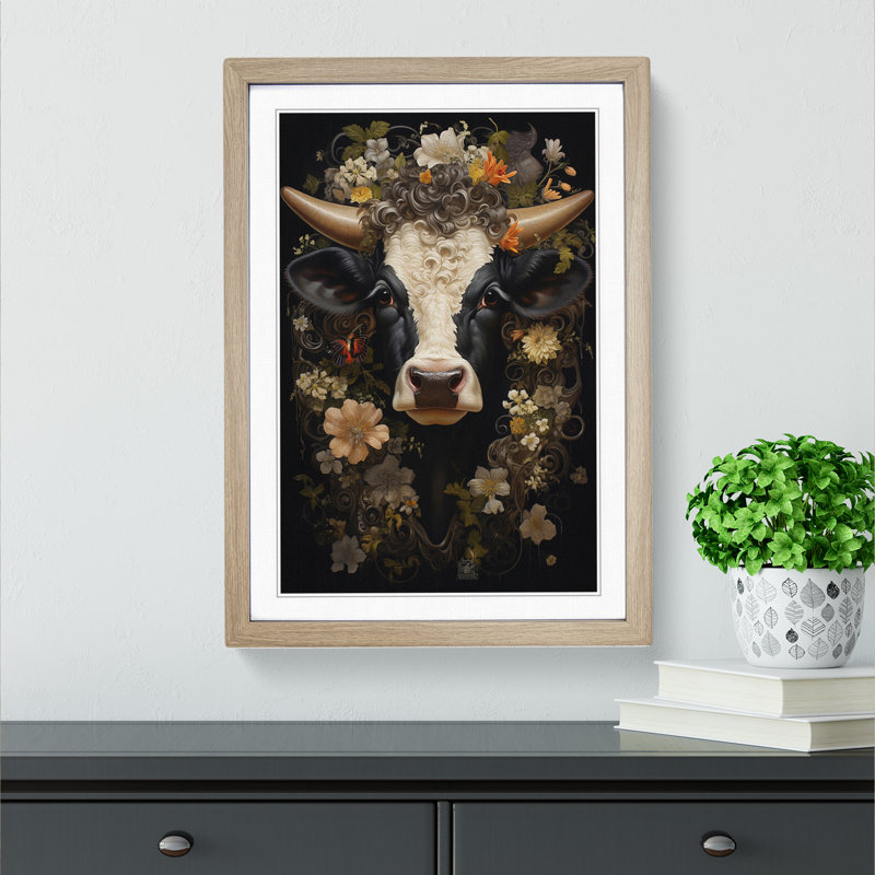 Cow Baroque - Single Picture Frame Print on Wood, Oak Framed, 64cm H x 46cm W x 2cm D