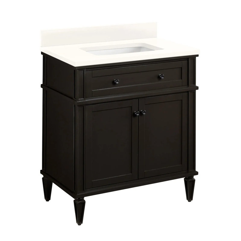 Ensemble de meuble-lavabo simple 30 po avec lavabo sous-comptoir rectangulaire Elmdale, Quartz blanc arctique, Pas de perçage