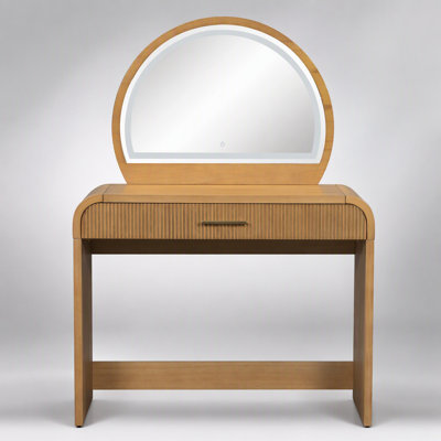 Coiffeuse lumineuse DEL de 99 cm (39 pouces) avec écran tactile, bois naturel et verre trempé, idéale pour les chambres modernes.
