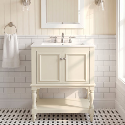 Meuble-lavabo autoportant en bois massif de 24 po + panneau de fibres à densité moyenne avec plateau ouvert et rangement fermé beige