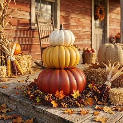 3 Tier Stacked Speckled Pumpkin Statue, 23.2 Inch Fall Harvest Porch Decor, Waterproof Outdoor Thanksgiving Ornament for Farmhouse Autumn Holiday Home Decor