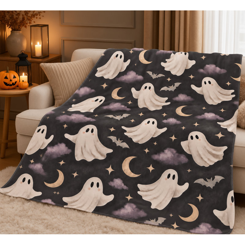 Jeté d'Halloween fantôme citrouille et chat noir Sherpa, couverture décorative douillette pour canapé, canapé et lit, Twin, C