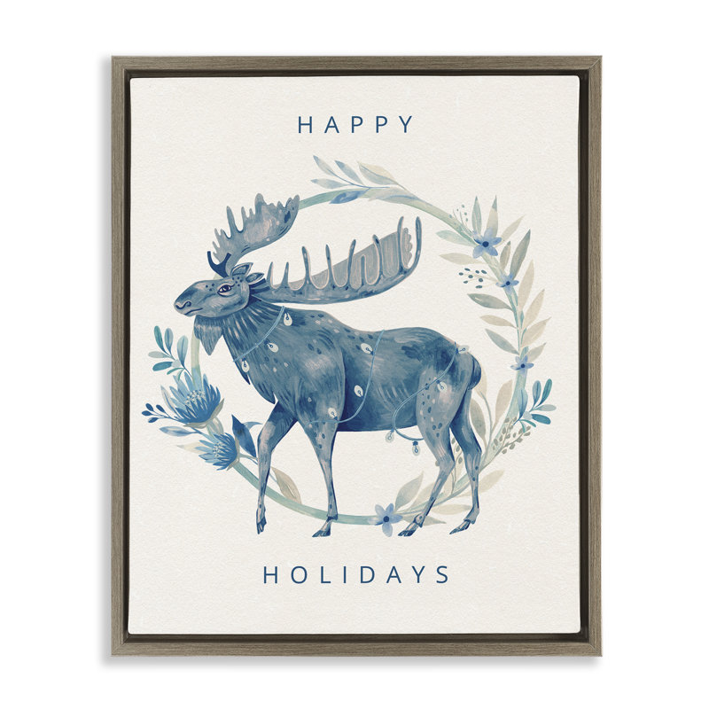 «Holiday Greeting with Moose», art mural encadré sur toile flottante, design par Grace Andersson, Brun, H 21 po x l 17 po