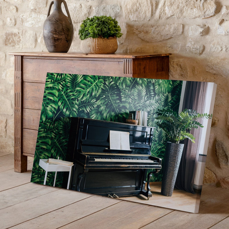 Toile, une élégante scène intérieure mettant en vedette un piano droit noir contre un art mural, H 18 po x l 24 po