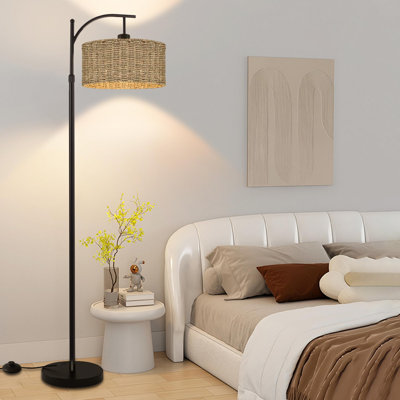Caisen Arc Rattan Floor Lamp With Remote & Dimmable Bulb - 3 Color Modes, Adjustable Height, Farmhouse Style For Living Room, Bedroom, Office