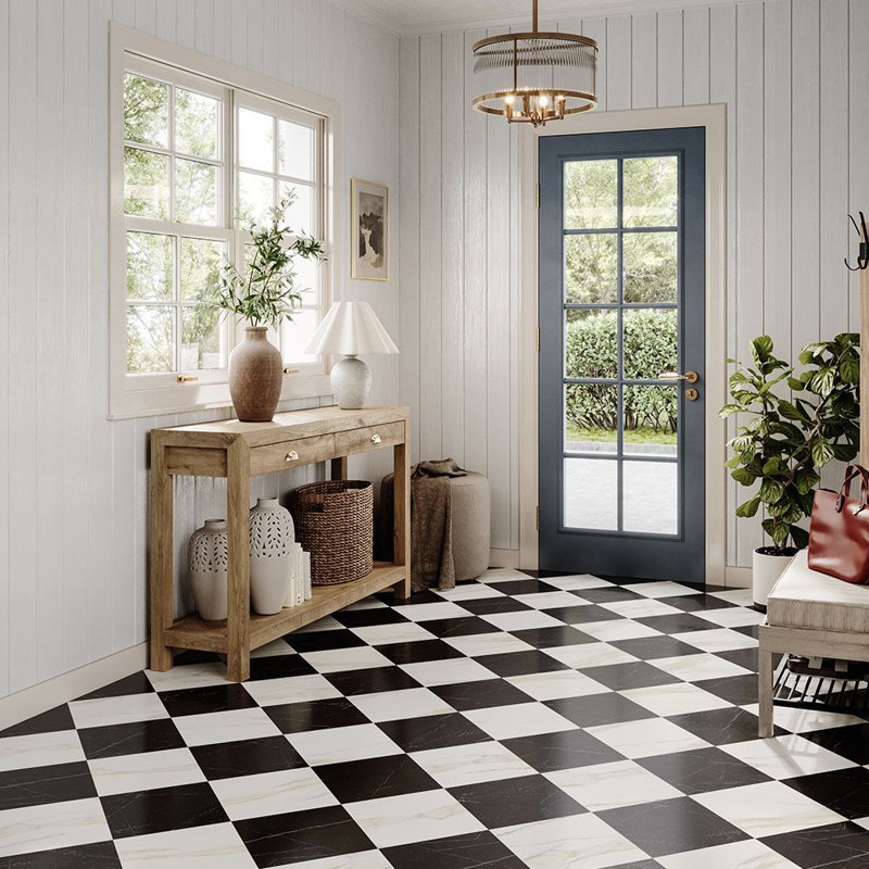 Tuscany Checkerboard 12X12 Marble Look Porcelain Tile, White/Black/Gold