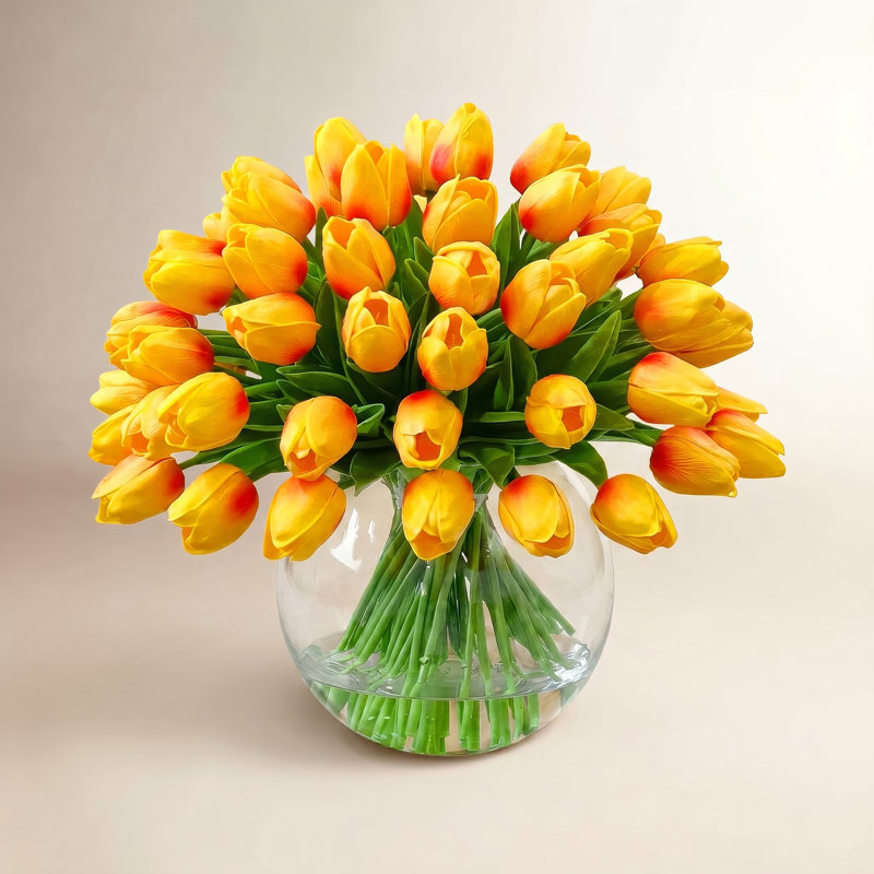 Real Touch Tulips Centerpiece In Vase, Orange Ombre Yellow