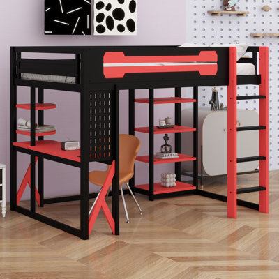 Modern Wood Loft Bed with Desk, Storage Shelves, Charging Ports & RGB Light