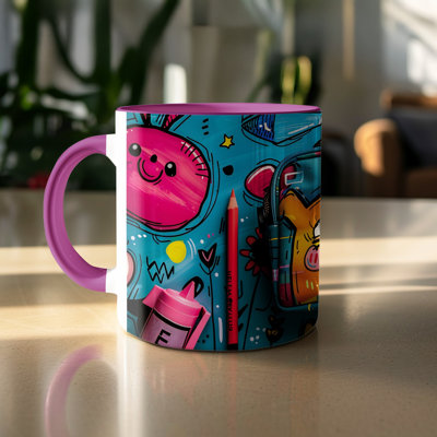 Kids Drawing Style 11oz Accent Mugs – Ceramic Coffee Cup with a Purple Handle and Interior