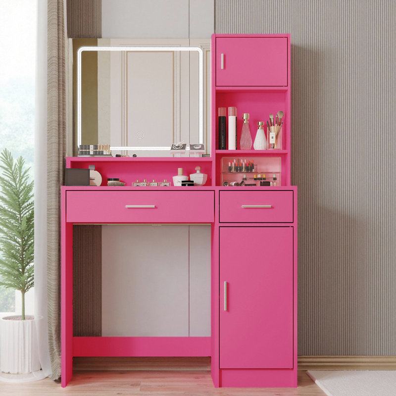 Vanity Desk with LED Mirror, Large Drawer, and 3-Tier Storage Shelf  3 Lighting Modes, Rose Pink