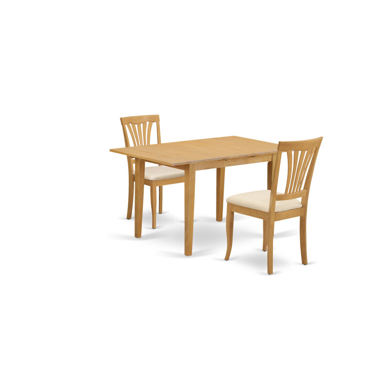 3 Piece Kitchen Table & Chairs Set Contains a Rectangle Dining Room Table with Butterfly Leaf and 2 Linen Fabric Chairs, Oak