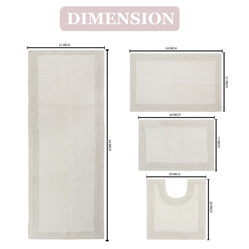 Bruss Luxury 100% Cotton Bath Rug (Set of 4) Reversible, Ivory