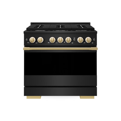 ZLINE Autograph 36 in. Marino Black Stainless Gas Range w/ 6 Gas Burners & Gold Accents