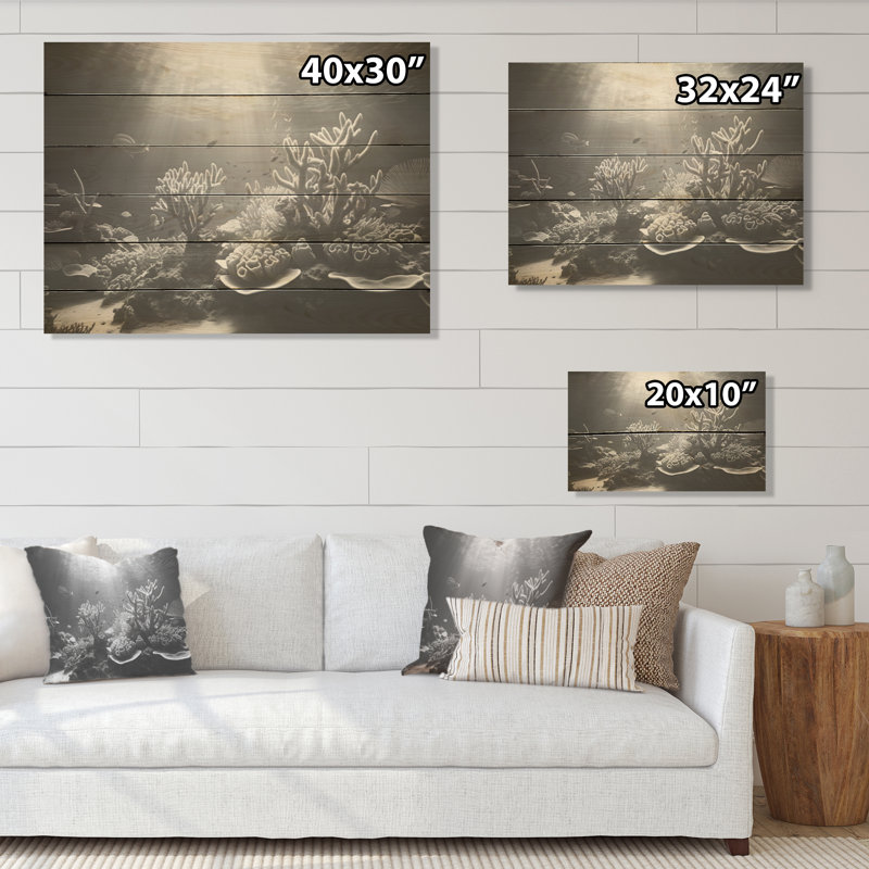 «Black and White Coral Ballet - Coastal Coral Under Water Wood, art mural sur bois de pin naturel, H 30 po x l 40 po