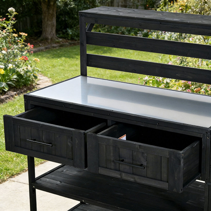 Chariot de cuisine en bois massif avec plateau en acier inoxydable 62,3 po, Noir