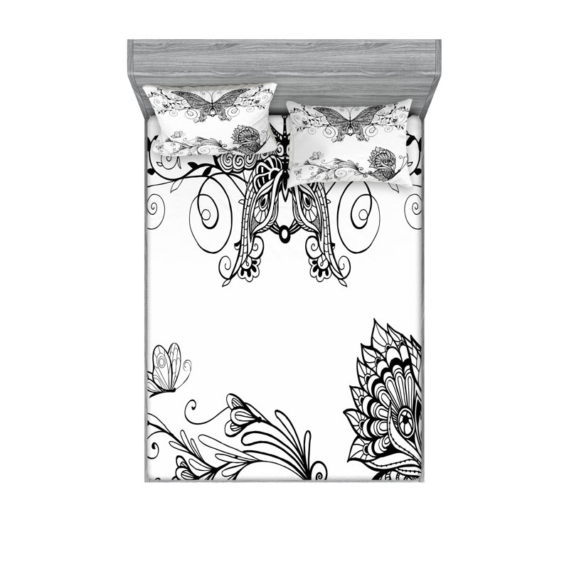 Drap-housse et taie décorative Ambesonne Mandala, blanc et noir, Ensemble de draps pour grand lit + 4 taies d'oreil