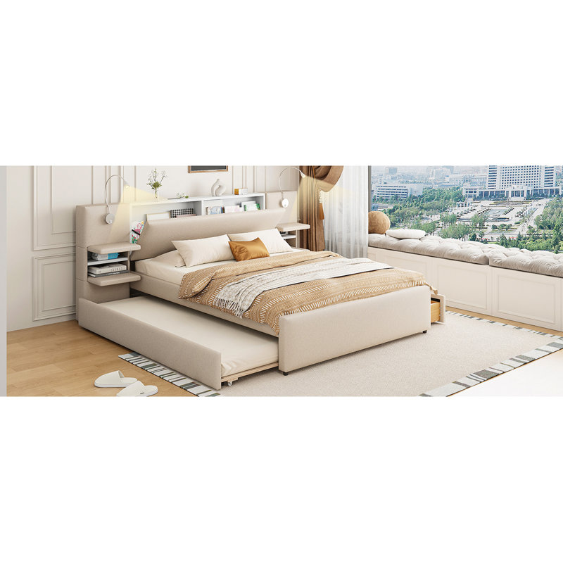 Queen Upholstered Platform Bed with Reading Lights, Drawers, Trundle and Shelves, Beige, Beige