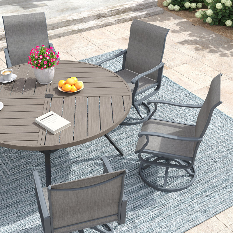6-Person Round Patio Dining Set With  360° Swivel PVC-Coated Polyester Chairs, Brush Wood Gray/Gray/Gray