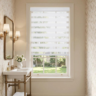 Pro Cordless Zebra Roller Shades Dual Layer Light Control Blinds, Free-Stop Window Blinds Light-Proof Aluminum Cover & Easy Installation, White, 28" W x 75" H