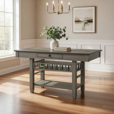 Rome Counter Height Dining Table, 60 Inch Top With Wine Rack, Grey Brown