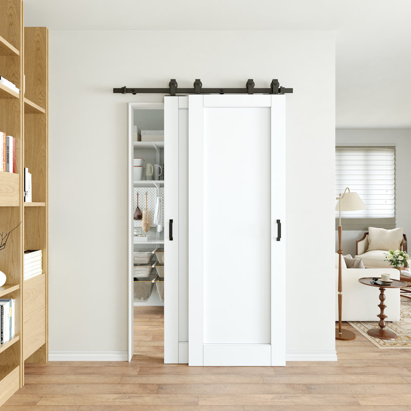 84" H Bypass Barn Door White Primed Solid Core Sliding Bypass Double Barn Door With Installation Hardware Kit/No Assembly Required