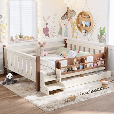 Grand lit pour enfants avec bibliothèques, tiroirs et escaliers mignons pour enfants Montessori