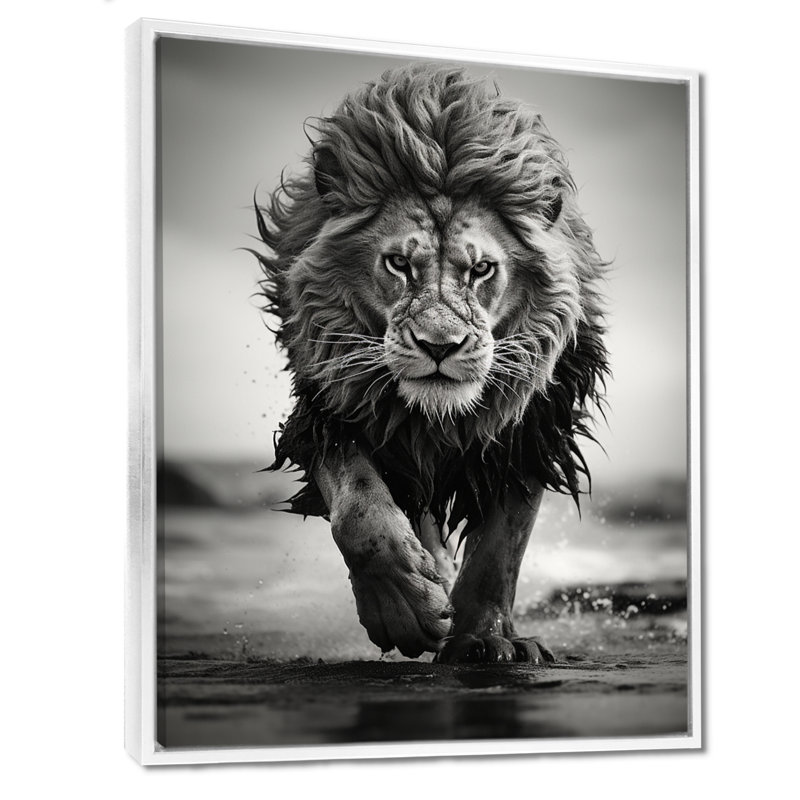 Lion noir et blanc qui court en Afrique - Art mural grand lion, H 32 po x l 16 po, Blanc