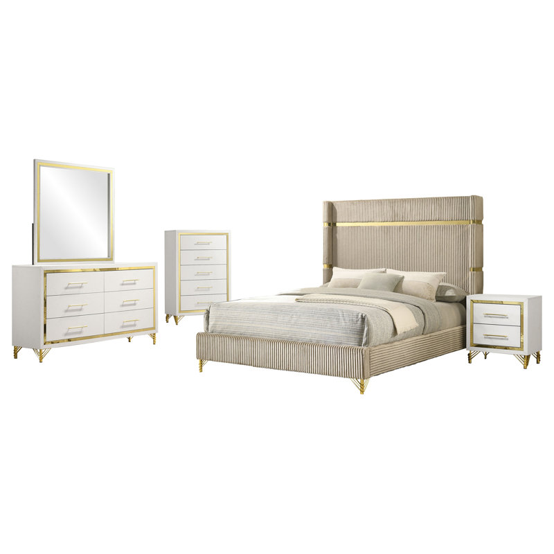 Rohnan 5-piece Queen Bedroom Set Beige and White, Queen, 5 Pcs: Bed, Nightstand, 2 Dressers, Mirror