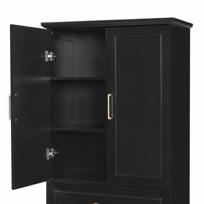 Armoire de salle de bain autoportante avec tiroirs et tablette réglable, portes à fermeture en douceur, Noir