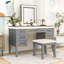 Bureau de coiffeuse avec miroir à DEL, 7 tiroirs, tabouret rembourré, conception à tiroir creux classique-299832259