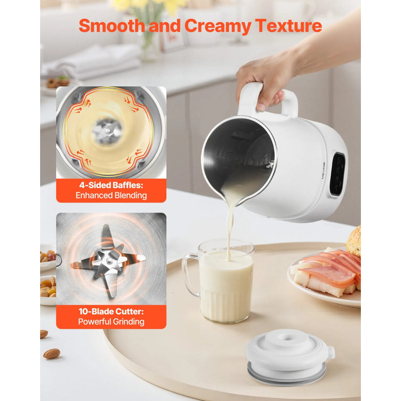 Machine à lait 8-en-1, machine à lait de soja 34 oz avec autonettoyant, mélangeur à 10 pales de 200 W pour avoine, noix, lait de soja, smoothies et jus, fonction de délai et d'ébullition de l'eau de 12 heures